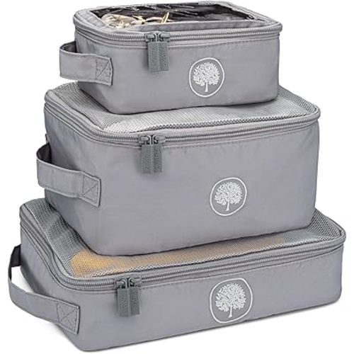 Parker Baby Co. Lightweight Packing Cube Set 3-Pack | Collapsible, Durable, Mesh & Clear Top | Travel Organizer for Diaper Bags, Luggage - Gray/Gray Buffalo