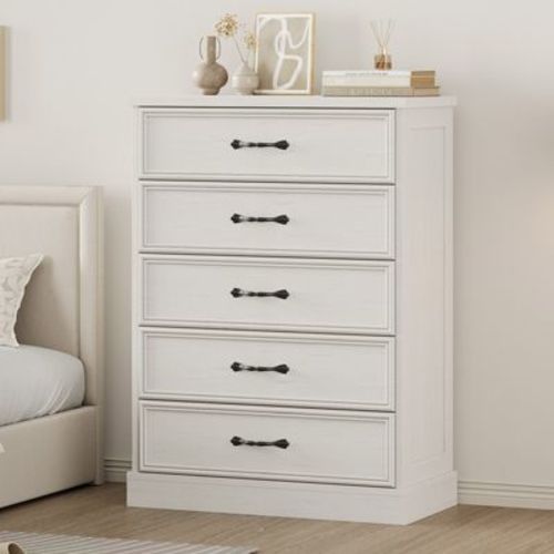Farmhouse 5 Drawer Dresser, 42.7" Tall 5 Chest of Drawers Nightstand with Sturdy Foundation, White Wooden Cabinet for Bedroom Living Room Nursery