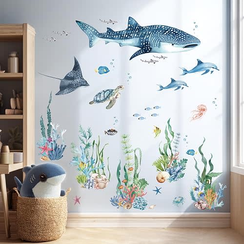 Ocean Animal Wall Decals,Large Sea Creature Wall Stickers,Under The Sea Fish Wall Art Decor for Kids Bathroom, Bedroom, Nursery, Living Room