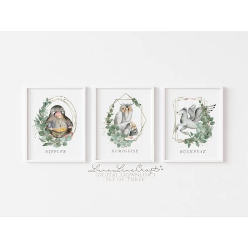 Set of Three HP Botanical Beasts | Magical Creatures Watercolor Printable Gallery Wall Art | Whimsical Wizarding School | Digital Download