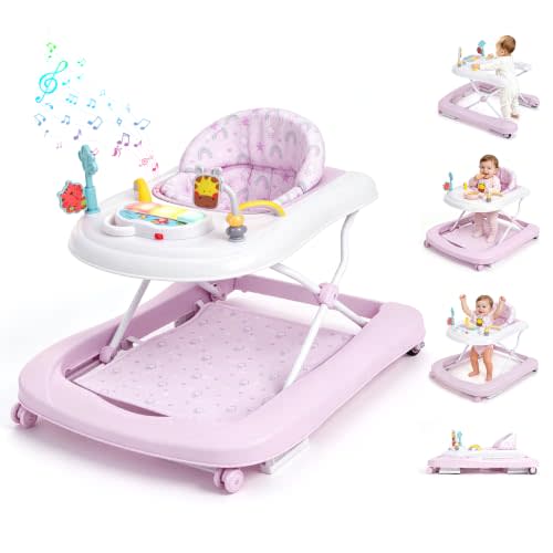 Baby Walker with Wheels, 5-in-1 Foldable Push Walker for Girls, Pink | Baby Walker & Bouncer Combo, Adjustable Height, Music Light Infant Activity Center, Interactive Toy for Infant 6-12 Months