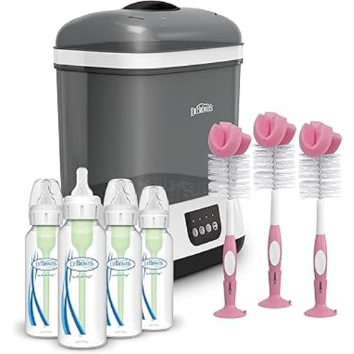 Dr. Brown’s Clean Steam Baby Bottle and Pacifier Sterilizer and Dryer, Anti-Colic Options+ Baby Bottles 8 oz, 0m+ Level 1 Nipple, 4 Pack, and Reusable Sponge Bottle Cleaning Brush Set Pink, 3-Pack
