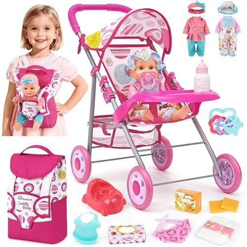 Baby Doll Stroller Set with 12.5" Doll, Baby Dining Table, Backpack with Carrier, 21 PCS Baby Doll Accessories Stroller Toys, 2 Sets Doll Clothes, Feeding Set Girls Toddlers Gifts for Pretend Play