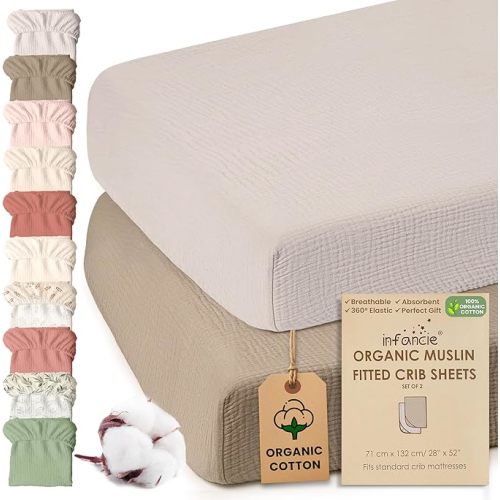 100% Organic Cotton Muslin Crib Sheets (Set of 2) – Soft & Breathable Fitted Sheets for Boys and Girls, Neutral Colors – Fits Standard Baby Crib Mattress (28 x 52 Inches) Olive/Ivory