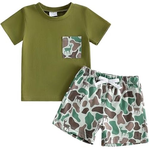 PUHHAPIEY Toddler Baby Boy Summer Clothes Retro Camo Hunting Shirts T-Shirt + Camouflage Shorts Set 6 12 18 24 Months 2T 3T