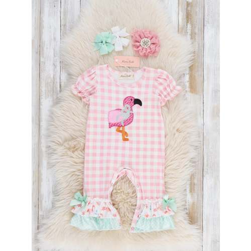 Flamingo Fizz Embroidered Plaid Ruffle Romper