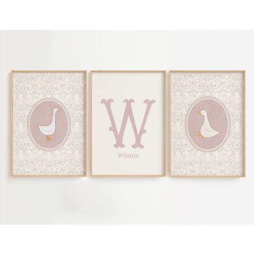 Silly Goose Nursery Prints, Chinoiserie Decor, Pink Wall Gallery Set, Custom Name Nursery Print, Baby Girl Name Sign, Custom Initial Art