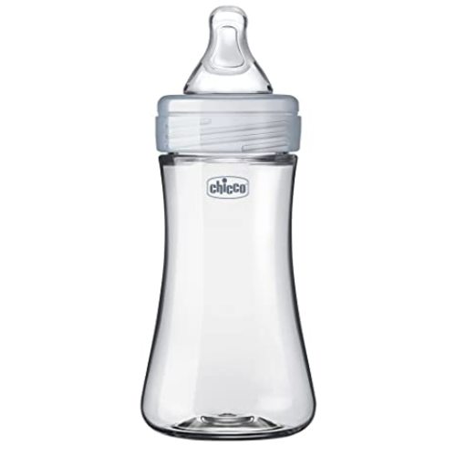 Chicco Duo 9oz Hybrid Baby Bottle, Real Glass Inside, Lightweight Plastic Outside, Patented Invinci-Glass Technology, Intui-Latch Nipple, 2-Pack, Clear/Grey