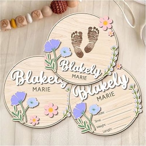 Baby Announcement Sign - Personalized Birth Signs for Hospital & Milestone Photos- Welcome Newborn Board - Wooden Baby Name Sign - Keepsake for Shower or Nursery