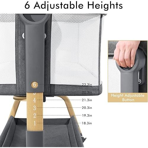 3 in 1 Baby Bassinet, Bedside Bassinet for Baby, Rocking Bassinet with Comfy Mattress and Wheels, 6 Height Adjustable Easy Folding Portable Bedside Crib for Newborn