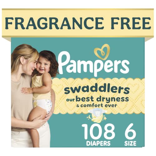 Pampers Swaddlers Diapers, Size 6 (23-44 lbs), 108 Count, Hypoallergenic, Absorbent, Keeps Baby Dry and Comfortable, Skin Safe Disposable Baby Diaper