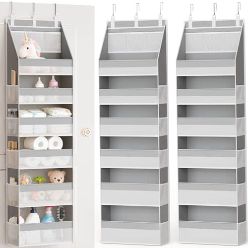 Criusia 2 Pack Over The Door Organizer, Heavy-Duty 6-Shelf Hanging Storage with 13 Mesh Pockets, 55lbs Capacity Behind The Door Storage for Nursery, Bathroom, Bedroom, and Dorm, Grey