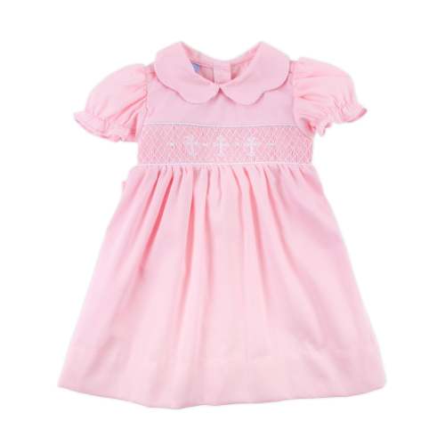 Cross Smocked Pink Pique Collared Dress