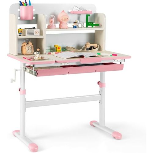 Costzon Kids Study Desk, Height Adjustable Children School Desk with Storage, Tilt Desktop, Pen Holder & Scale Ruler, Student Computer Desk Writing Table for Home School Use, Desk for Kids (Pink)
