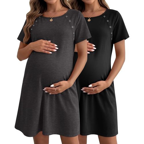 Huukeay 2 Pack Labor and Delivery Hospital Gown Women Nursing Birthing Maternity Dress 3 In1 Breastfeeding Buttons Pjs Robe(Black, Dark Gray,L)