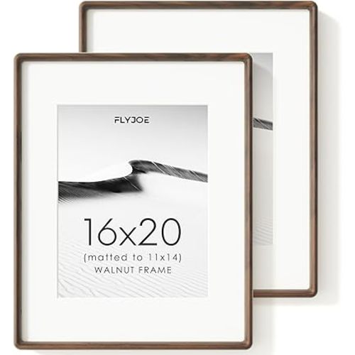 FLYJOE 16x20 Picture Frame Set of 2, Natural Solid Walnut Wood Photo Frame with Tempered Glass, Handcrafted Rounded Corner 16 x 20 Frame Matted to 11x14 Photo, Horizontal or Vertical Wall Mounting