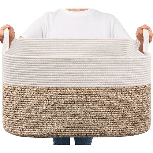 Goodpick Large Woven Rope Blanket Basket, Rectangle, White & Light Brown