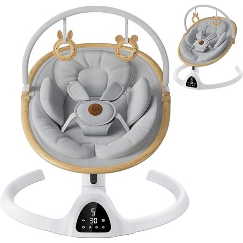 FasonBaby Baby Swing for Newborn, Electric Baby Swings with Music Speaker, 3 Seat Positions, 5 Speeds and Remote Control - Portable Infant Swing for Indoor and Outdoor (Light grey)