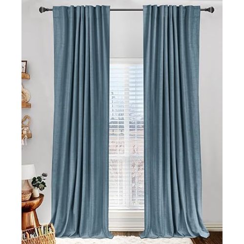 100% Blackout Shield Linen Blackout Curtains for Bedroom 96 Inches Long, Back Tab/Rod Pocket Living Room Drapes, Thermal Insulated Blackout Curtains 2 Panels Set, 50" W x 96" L, Stone Blue