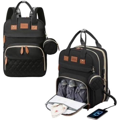 Diaper Bag Backpack, New Mom Gifts, Lightweight Waterproof Unisex Travel Bag with Insulated Pockets and USB Charging Port, Black