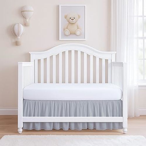 Rajlinen Ruffled Crib Bed Skirt, Microfiber, Dust Ruffle with Split Corners, 14" Drop, Nursery Toddler Bedding for Baby Boys or Girls, Light Grey