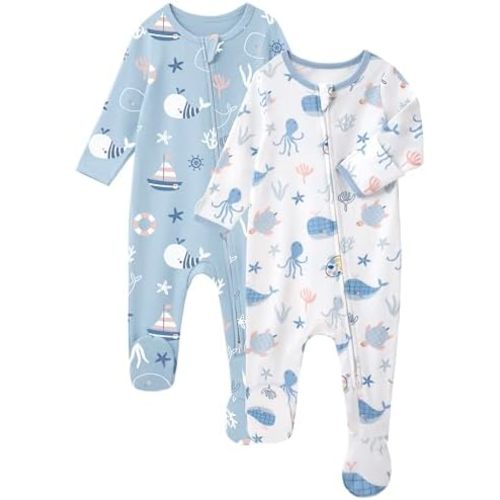 Baby Sleepers 100% Cotton Footie Pajamas, Newborn 0-3 3-6 6-9 Months with 2-Way Zipper, 2pcs PJs Baby Boy Clothes