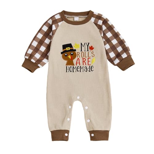 Newborn Baby Boy Thanksgiving Outfit Turkey Homemade Rolls Long Sleeve Waffle Romper Jumpsuit Fall