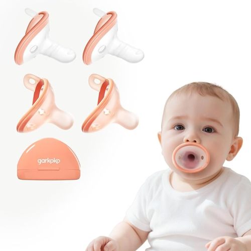 Garkoko 4-Pack Pacifier Set with Case, for Newborn to 6 Months, 2 Breastfeeding & 2 Teething Pacifiers, Non-Touch Face, Food-Grade Silicone