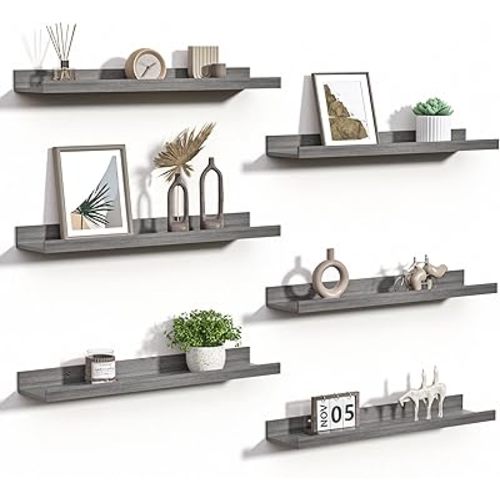 upsimples Floating Shelves for Wall, 23.6 Inch Shelves for Decor Storage Set of 6, Wall Mounted Wood Shelf for Bedroom, Living Room, Bathroom, Kitchen, Long Picture Ledge Shelves, Grey