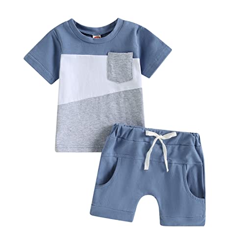fhutpw Baby Toddler Boy Clothes Summer Outfits 6 12 18 24 Months Patchwork Short Sleeve T Shirt & Shorts Sets with Pockets