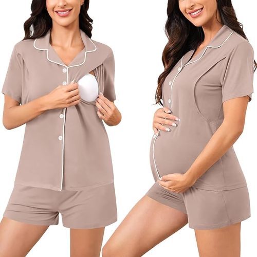 SWOMOG Womens Maternity Nursing Pajama Sets Breastfeeding Sleepwear Postpartum Lounge Sets Double Layer Short Sleeve Pjs