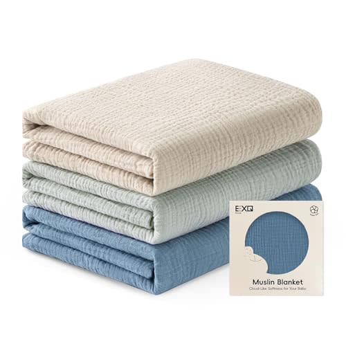 EXQ Home Muslin Swaddle Blankets for Baby, 3 Pack Cotton Breathable Soft Receiving Blankets for Newborn Boys and Girls, Baby Essentials & Gift, 38x40 inches(Blue)