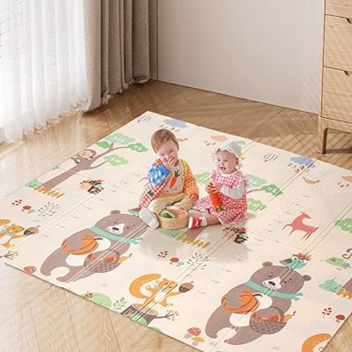 PlayPals 200×180CM Foldable Baby Play Mat, Double-Sided Waterproof Playmat for Babies, Toddlers & Infants, Reversible Baby Mat with Travel Bag, Indoor and Outdoor Use, Animals+Highway