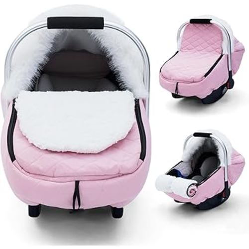 Winter Baby Car Seat Cover, Infant Car Seat Cover with Huge Space Inside, Sherpa Lined Carseat Cover Protect Cold Wind, Snow Weather, Warm and Snug Baby Carrier Canopy Cover for Boys Girls (Pink)