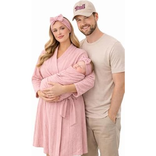 FUURY Mommy and Me Hospital Outfit Set Baby Girl – Robe, Swaddle, Headbands & Dad Hat -Pink