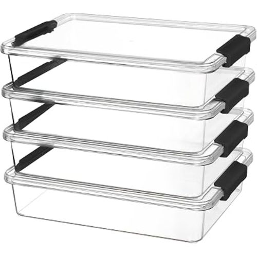Vtopmart 6 Qt Plastic Storage Bins with Lids, Clear Sensory Bins, Arts Crafts Organizers and Storage, Stackable Containers for Home Office and School Supplies, 4 Pack, Black