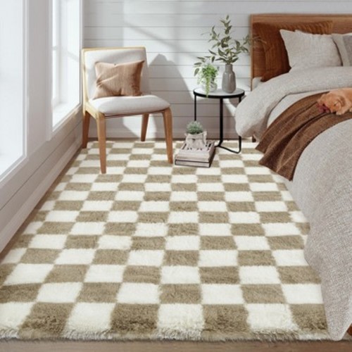 Coucheta 4*6ft Fluffy Checkered Area Rug, Premium Ultra Soft Shag Carpet, Plush High-Pile Mat for Bedroom, Living Room, Nursery & Kids Room, Brown
