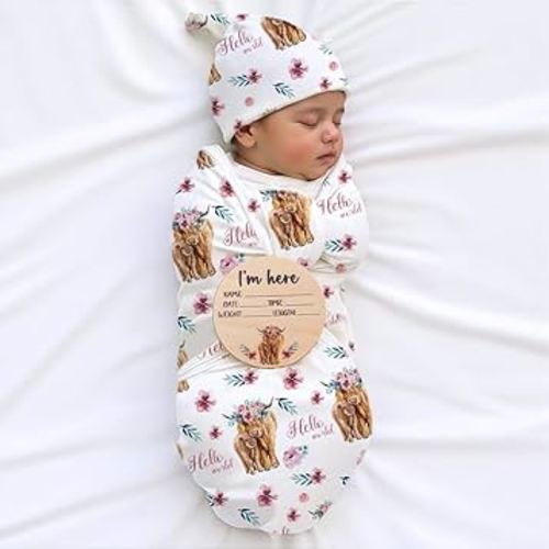 Ylsteed Baby Highland Cow Swaddle Blanket and Headband Set, Newborn Receiving Blanket Swaddle Wrap for Girls and Boys, Swaddling Blankets Neutral for Newborn 32 * 32 in (Highland Cow Pink)
