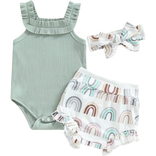 Newborn Infant Baby Girl Summer Clothes Outfits Set Floral Print Romper Tops Drawstring Short Headband Clothes Set