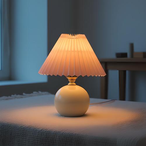 Table Lamp | Pleated Fabric Shade | Ceramic Base | Bedside Nightstand Light | Soft Reading Glow