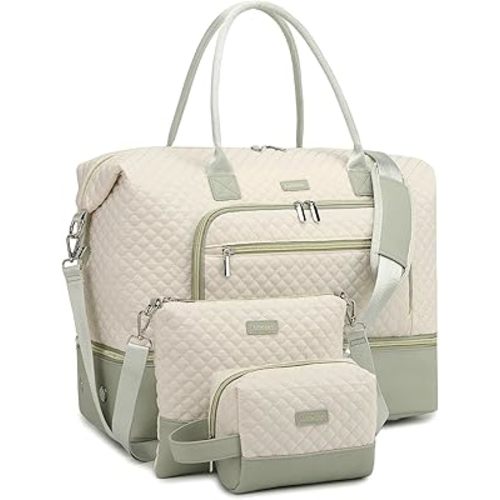 Weekender Bags for Women, Travel Duffle Bag Carry On Overnight Bag with Cosmetics Bag and Crossbody Purse for Gym Hospital, Gifts for Women, Beige Green