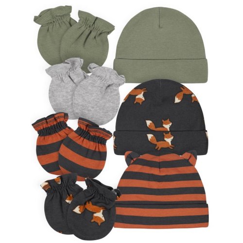 Gerber Baby Boy Caps & No Scratch Mittens Bundle, 7-Piece, Newborn-0/3 Months