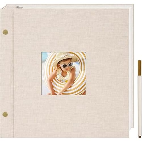 10x10 Inch Linen Self Adhesive Photo Album with Window, 40 Pages Large Scrapbook for Wedding, Anniversary & Family Events, Classic Beige, Fits 2x3 4x6 5x7 Photos