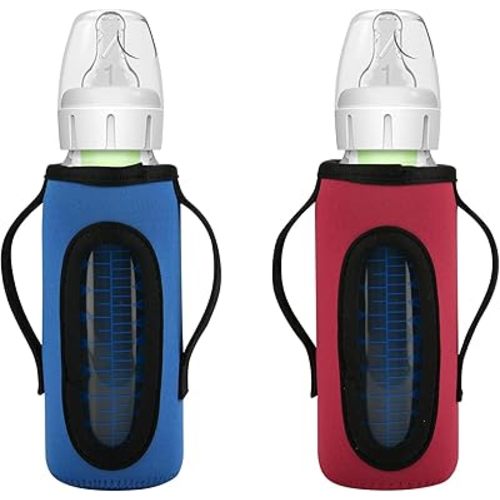 Beautyflier Glass Baby Bottle Sleeve Covers for Dr. Brown’s Natural Narrow Baby Bottles 8 oz with Dual Handle, 3.3mm Thicken Heat and Cold Retention Baby Bottle Sleeve (Red+Blue)