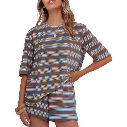 ZESICA Womens Summer 2 Piece Short Sets Striped Loose Fit Matching Lounge Airport Travel Workout Beach Vacation Outfits