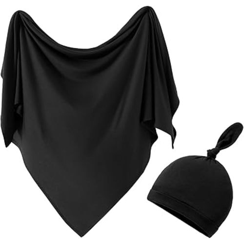 iEvolve Cotton Knitted Baby Swaddle Blanket with Hat Headband Set Newborn Swaddle Wrap Receiving Blankets for Baby Girl Boy 45" x 45"(Black)