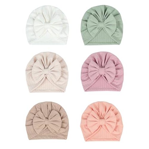 ZURLEFY 6 PCS Stretchy Baby Turban Hats, Baby Hat with Bows for Girls, Baby Boys Caps, Toddler, Newborn, Infant Hat Unisex