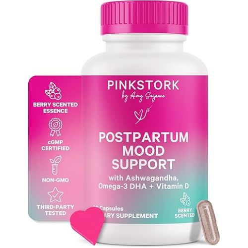 Pink Stork Postpartum Mood Support - Postnatal Hormone Balance for Women - Breastfeeding Friendly - Stress & Cognitive Support, New Mom Essentials - Ashwagandha, Chamomile, & Vitamin D, 60 Capsules