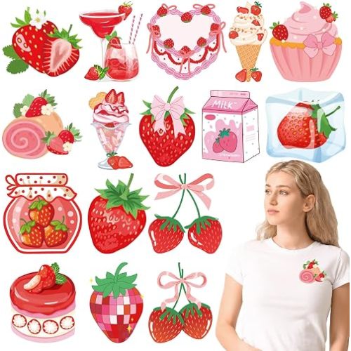 Strawberry Iron on Transfers for Tshirts - 16Pcs DTF Transfers Ready to Press, Coquette Aesthetic Heat Transfer Vinyl, Friut Cake Iron on Decals Patches Stickers for Preppy Girls Clothes Hat