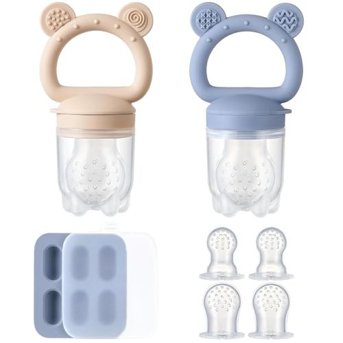 2 Pack Silicone Baby Fruit Feeder with Mini Freezer Tray, Fresh Food Feeder for Safe Infant Self Feeding, Extra Food Pouches, Breastmilk Popsicle Molds for Baby Teething Relief - Blueberry